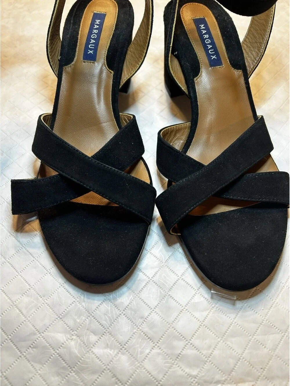 Margaux NY The City Sandal Black Suede Block Heel Crisscross Strappy Sz 38.5/8 M